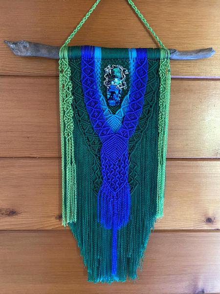 Green/blue Macrame with wire wrapped dichroic centerpiece